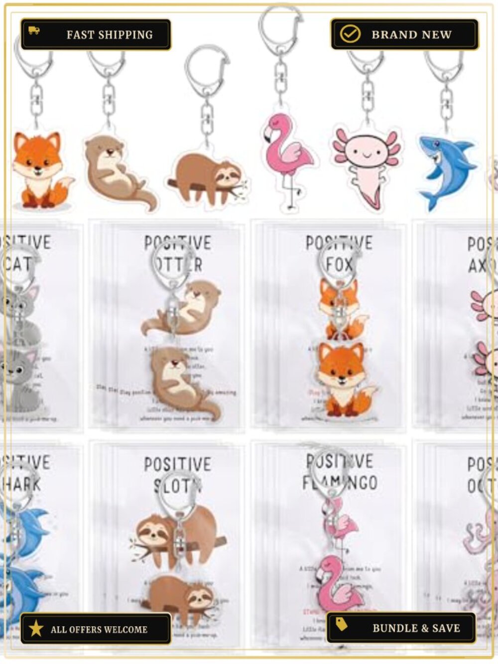 Positive Acrylic Animal Keychain Set with Inspirational Cards for Gifts
